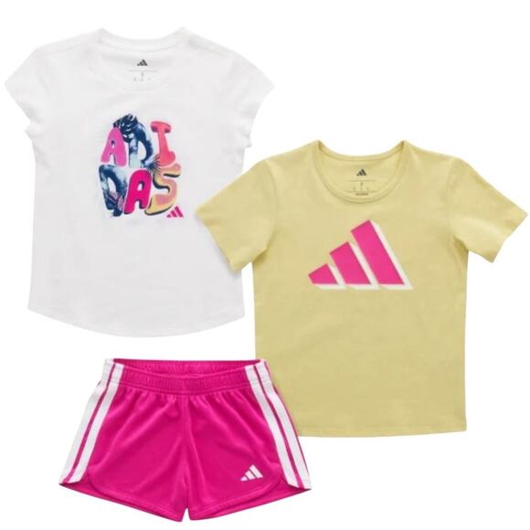 Adidas Girl’s T-Shirt Shorts Set Yellow Pink Size 5 NWT - Picture 5 of 6